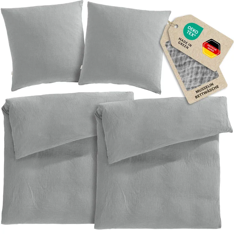 Musselin Bettwäsche Sets - Grau - 2x155x220 + 2x80x80 cm