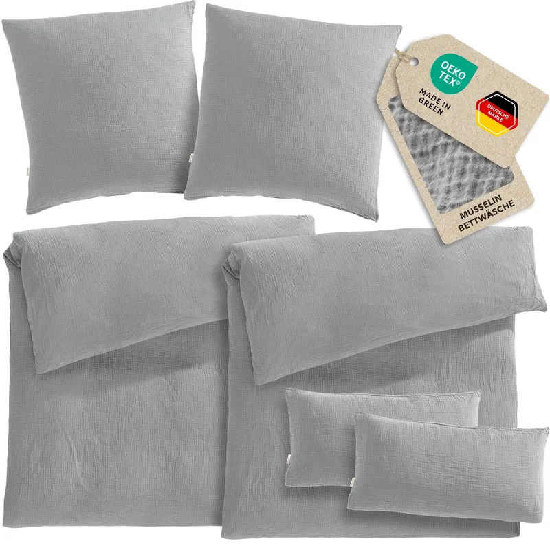 Musselin Bettwäsche Sets - Grau - 2x135x200 + 2x80x80 + 2x40x80 cm