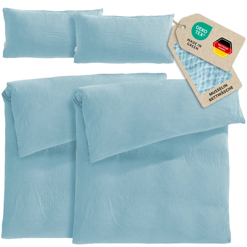 Musselin Bettwäsche Sets - Hellblau - 2x155x220 + 2x40x80 cm