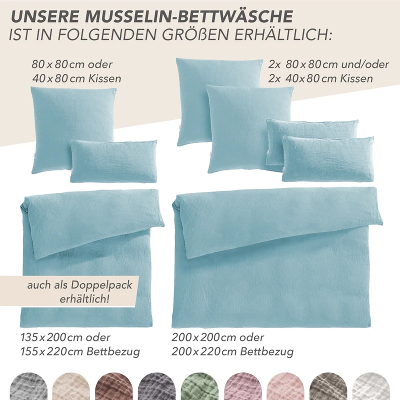 Musselin Bettwäsche Einzelbettwäsche - Hellblau - 155x220 + 40x80 cm