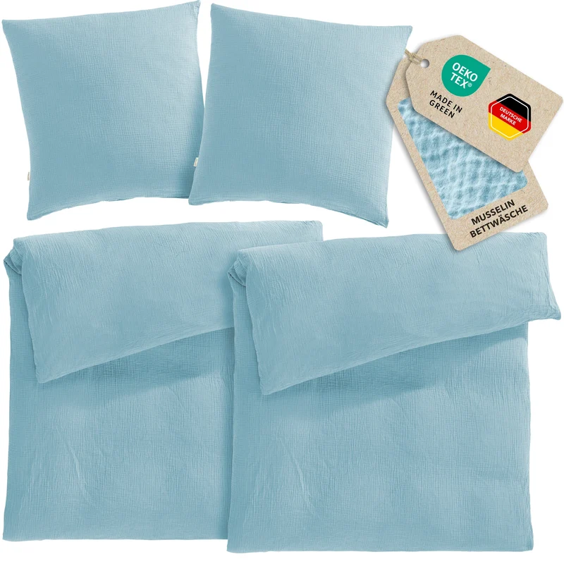 Musselin Bettwäsche Sets - Hellblau - 2x135x200 + 2x80x80 cm