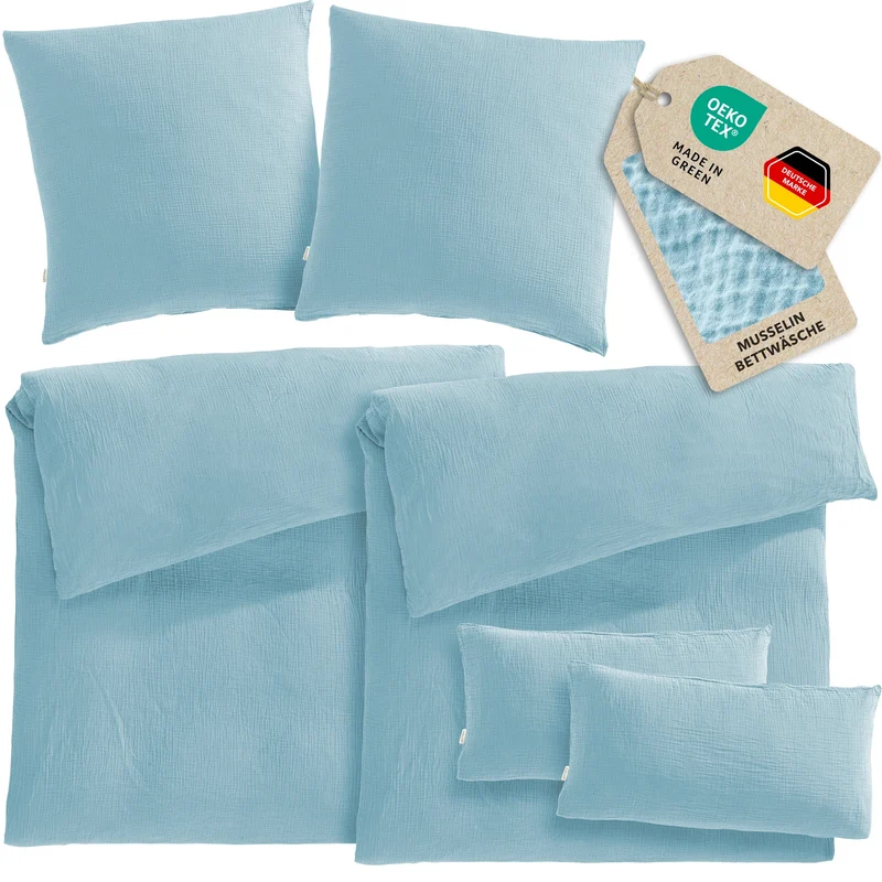 Musselin Bettwäsche Sets - Hellblau - 2x135x200 + 2x80x80 + 2x40x80 cm