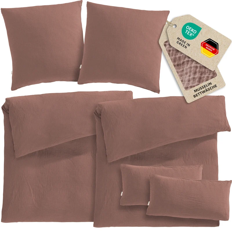 Musselin Bettwäsche Sets - Hellbraun - 2x155x220 + 2x80x80 + 2x40x80 cm