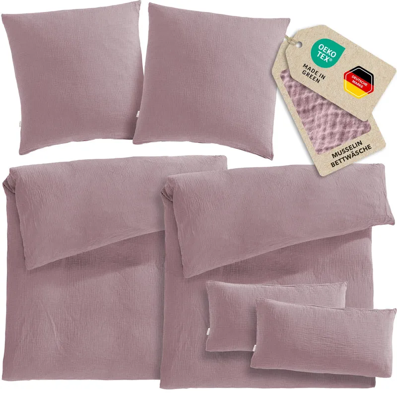 Musselin Bettwäsche Sets - Mauve - 2x155x220 + 2x80x80 + 2x40x80 cm