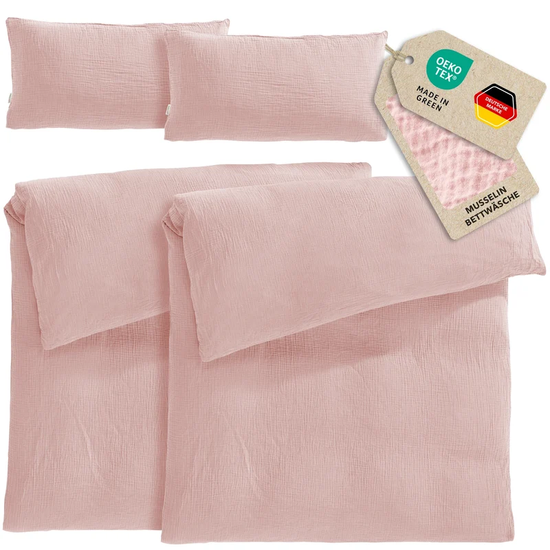 Musselin Bettwäsche Sets - Rosa - 2x135x200 + 2x40x80 cm