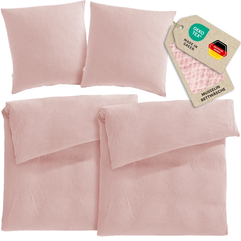 Musselin Bettwäsche Sets - Rosa - 2x155x220 + 2x80x80 cm