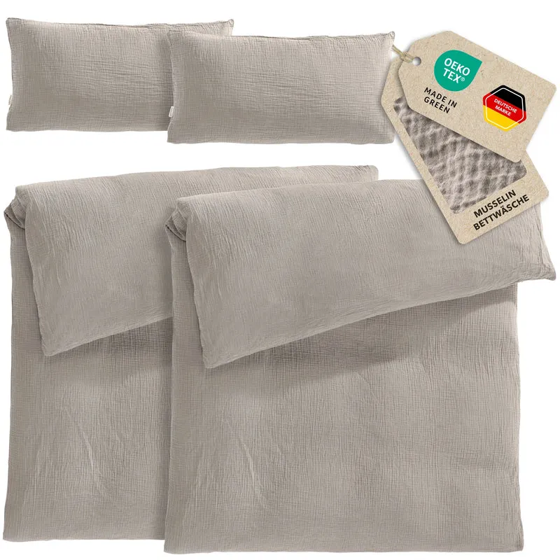 Musselin Bettwäsche Sets - Taupe - 2x135x200 + 2x40x80 cm