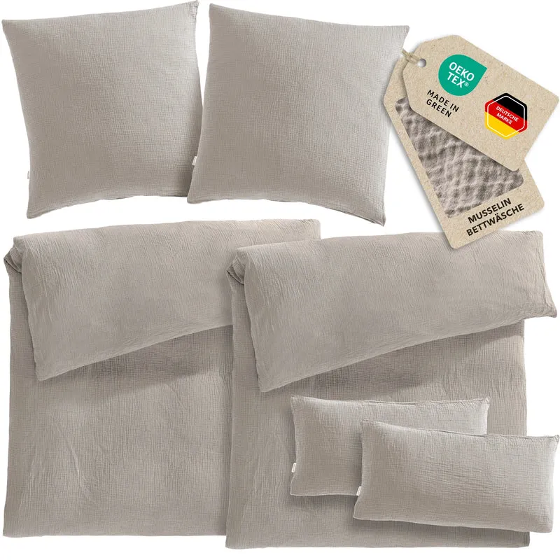 Musselin Bettwäsche Sets - Taupe - 2x155x220 + 2x80x80 + 2x40x80 cm