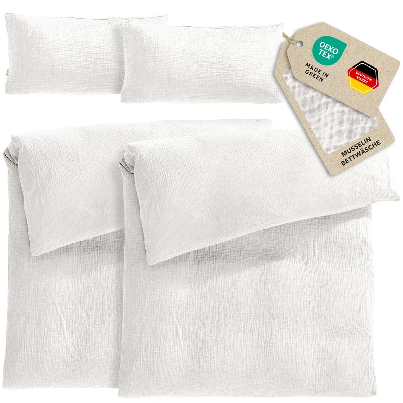 Musselin Bettwäsche Sets - Weiß - 2x155x220 + 2x40x80 cm