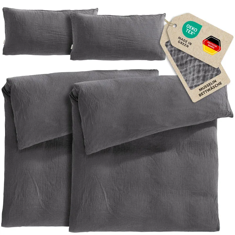 Musselin Bettwäsche Sets - Anthrazit - 2x135x200 + 2x40x80 cm