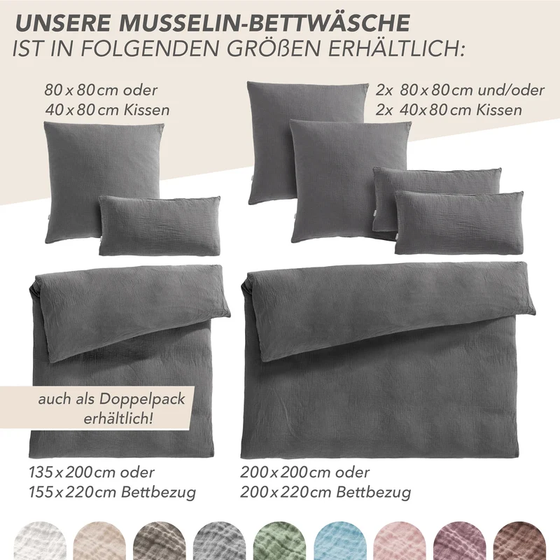 Musselin Bettwäsche Sets - Anthrazit - 2x135x200 + 2x80x80 + 2x40x80 cm