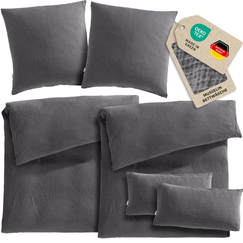 Musselin Bettwäsche Sets - Anthrazit - 2x135x200 + 2x80x80 + 2x40x80 cm