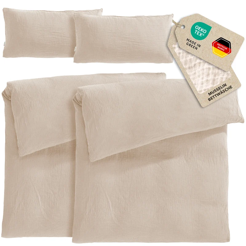 Musselin Bettwäsche Sets - Beige - 2x155x220 + 2x40x80 cm