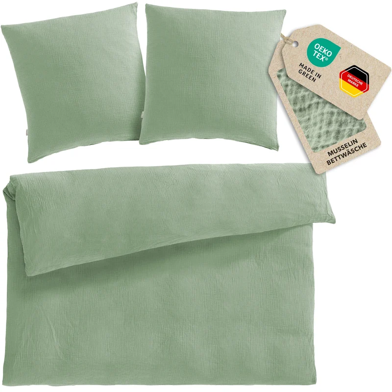 Musselin Bettwäsche Doppelbett - Salbeigrün - 200x220 + 2x80x80 cm