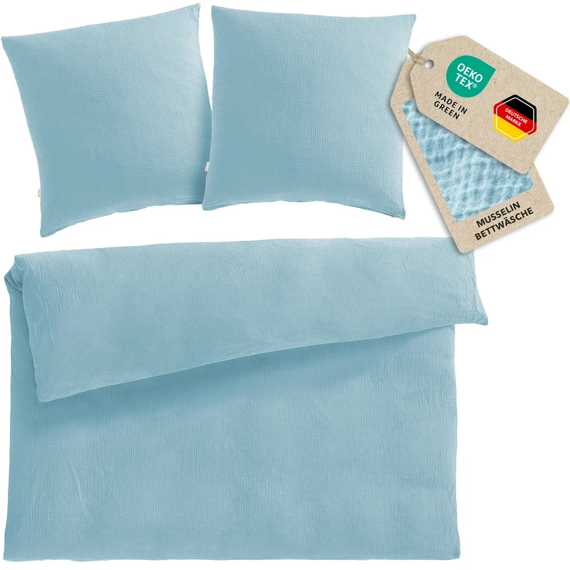 Musselin Bettwäsche Doppelbett - Hellblau - 200x220 + 2x80x80 cm