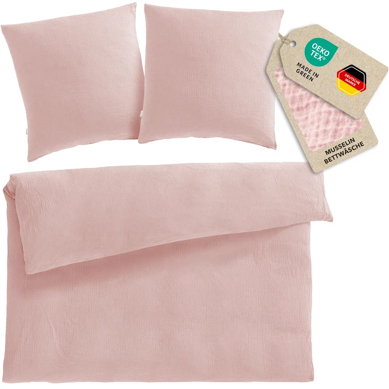Musselin Bettwäsche Doppelbett - Rosa - 200x220 + 2x80x80 cm
