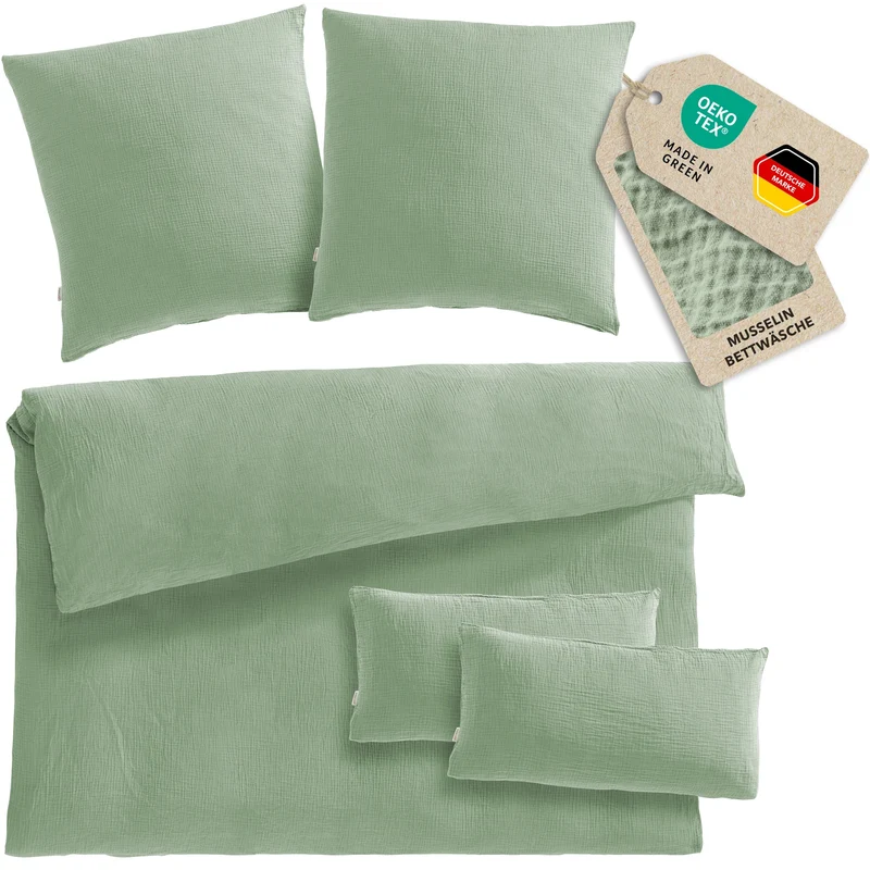 Musselin Bettwäsche Doppelbett - Salbeigrün - 200x220 + 2x80x80 + 2x40x80 cm