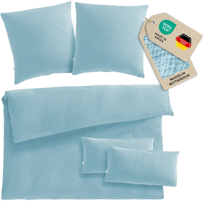 Musselin Bettwäsche Doppelbett - Hellblau - 200x220 + 2x80x80 + 2x40x80 cm
