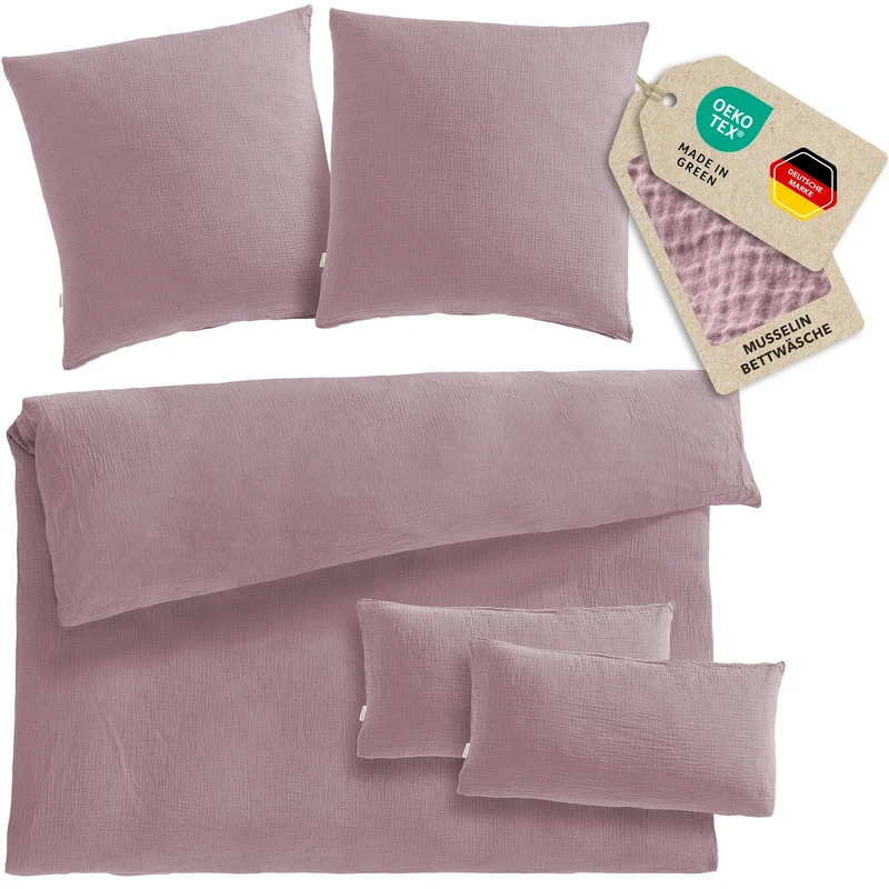 Musselin Bettwäsche Doppelbett - Mauve - 200x220 + 2x80x80 + 2x40x80 cm