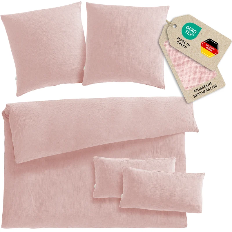 Musselin Bettwäsche Doppelbett - Rosa - 200x220 + 2x80x80 + 2x40x80 cm