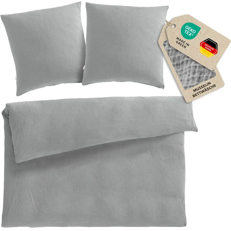 Musselin Bettwäsche Doppelbett - Grau - 200x220 + 2x80x80 cm