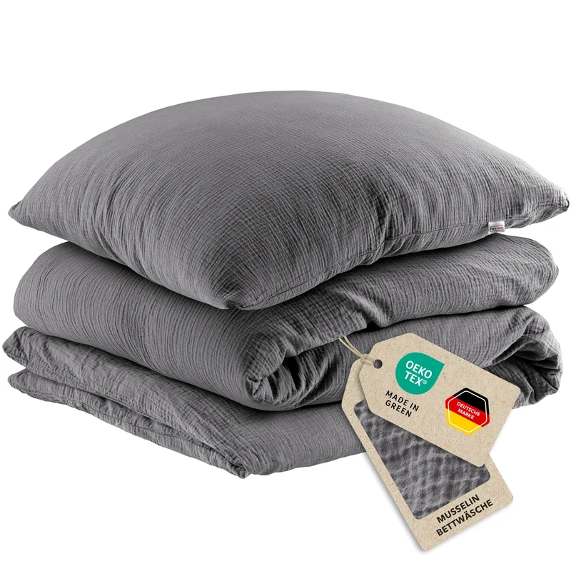 Musselin Bettwäsche Einzelbettwäsche - Anthrazit - 100x135 + 40x60 cm