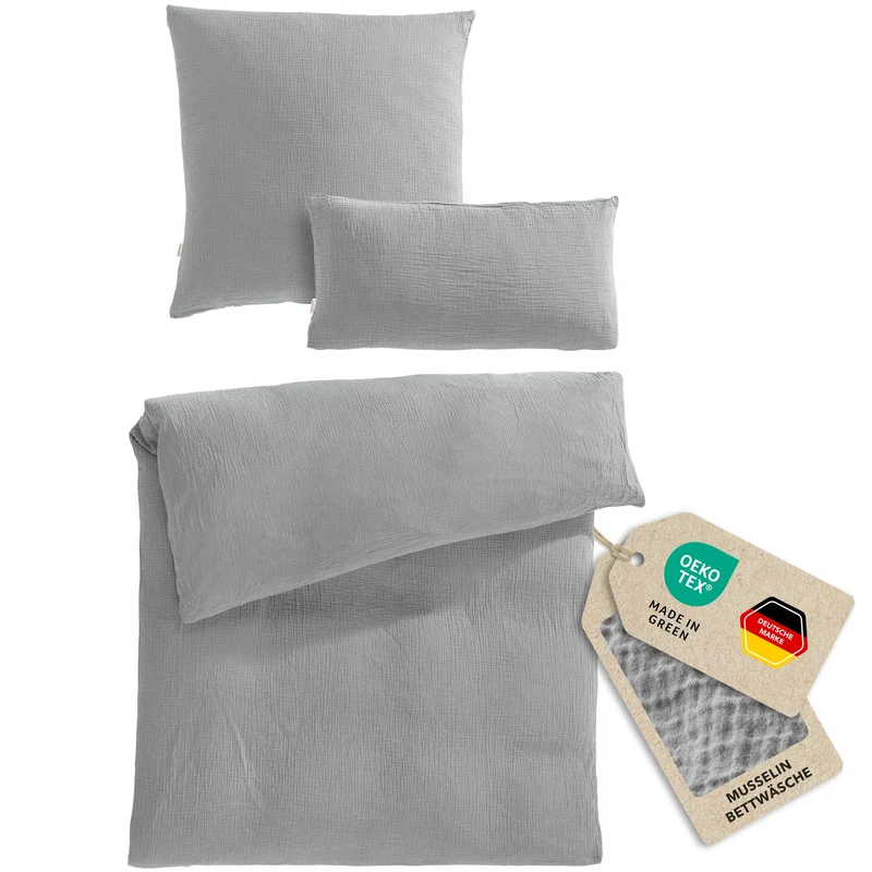 Musselin Bettwäsche Einzelbettwäsche - Grau - 155x220 + 80x80 + 40x80 cm