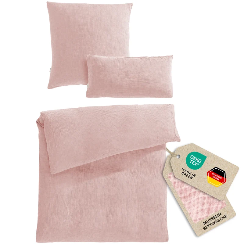 Musselin Bettwäsche Einzelbettwäsche - Rosa - 135x200 + 80x80 + 40x80 cm