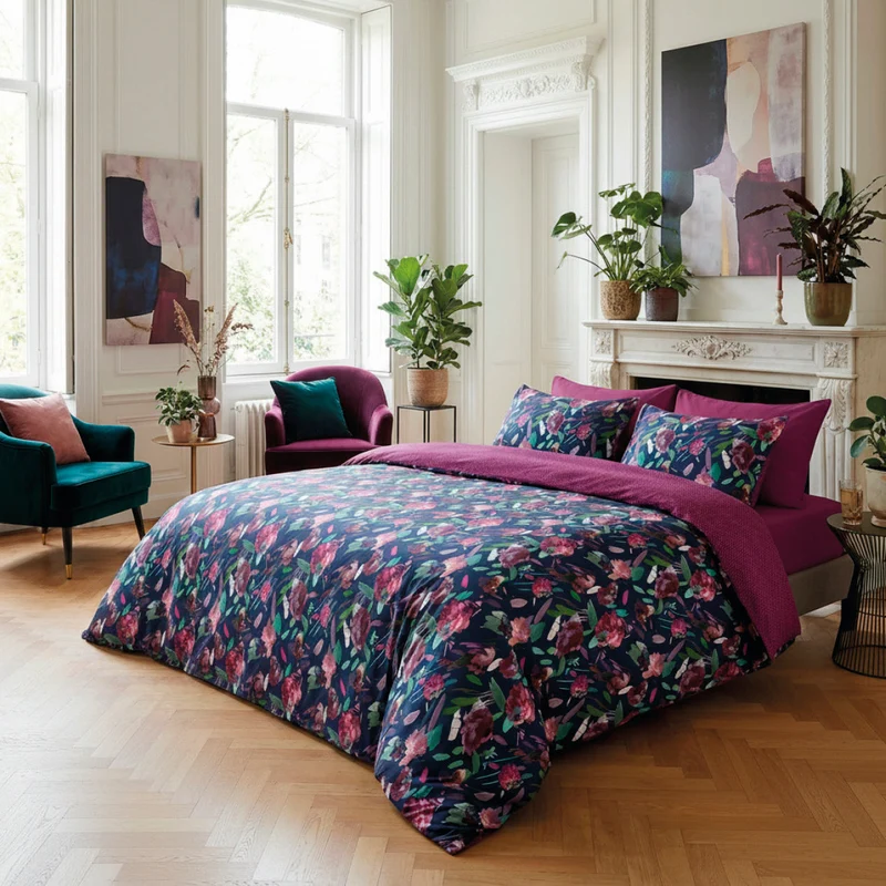 Housse de couette + taie(s) d'oreiller satin de coton - Arty flowers bleu foncé