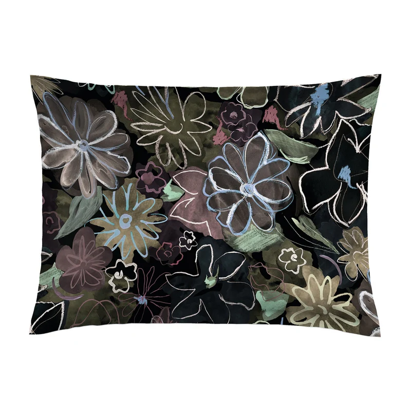 Taie d'oreiller satin de coton - Fleurs pastel Noir
