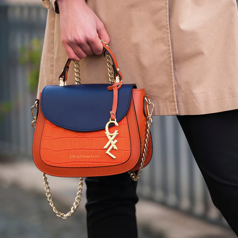 Petit sac à main Haussmann en cuir croco et rabat cuir lisse