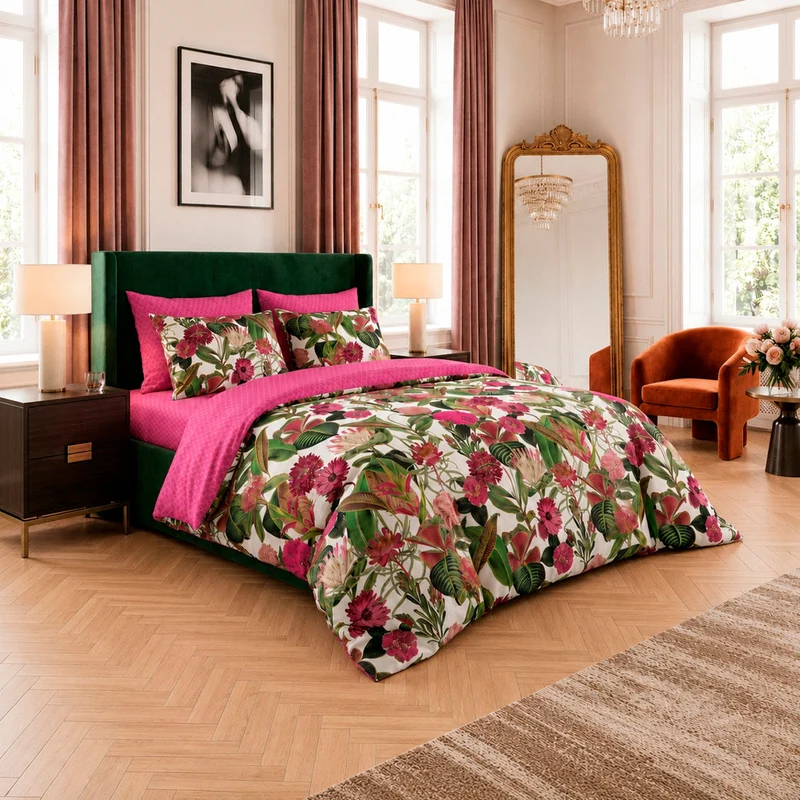 Drap-housse satin de coton - Garden Micro Fuchsia