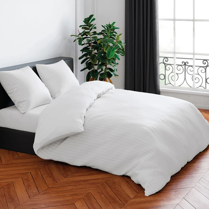 Housse de couette + taie(s) d'oreiller satin de coton - Rayure tissé blanc