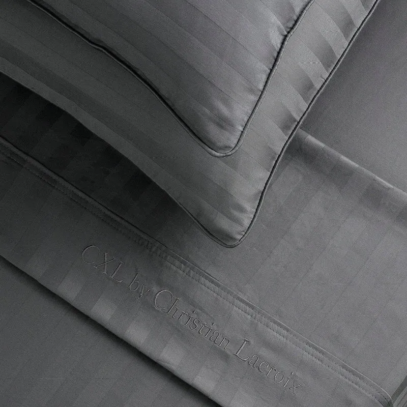 Ensemble de draps : drap-housse, drap plat, taie(s) d'oreiller en satin de coton - tissé Jacquard - dessin Rayure Gris foncé