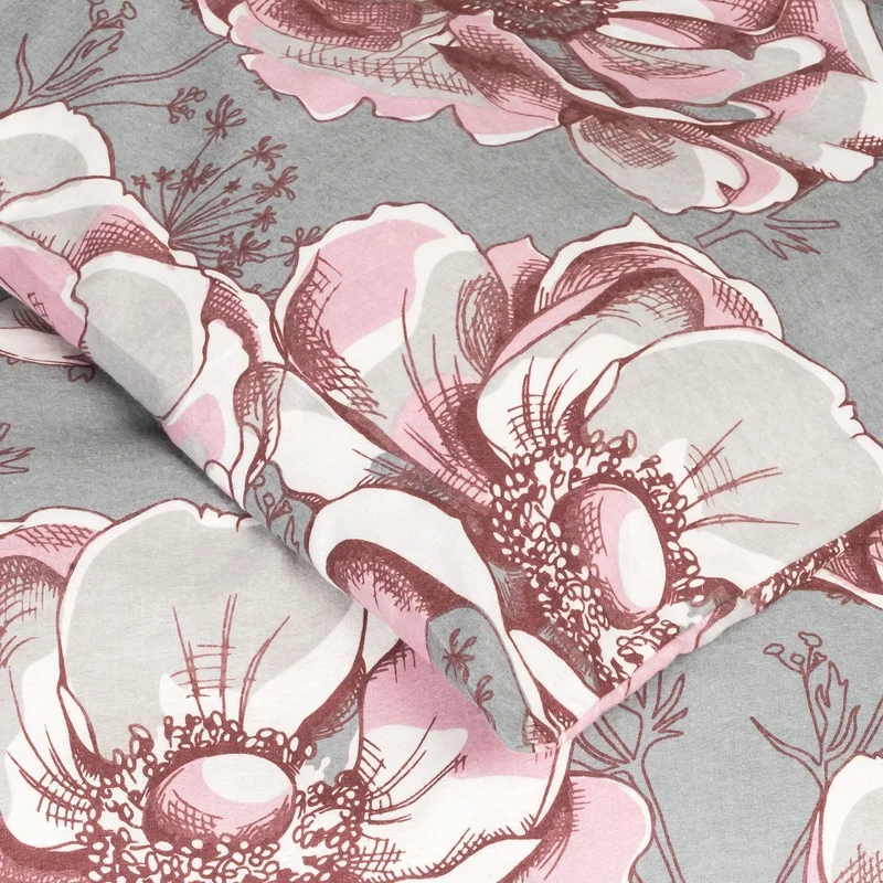 MOON Bettwäsche Set Fein Biber, Flanellbettwäsche ca. 135x200 + 80x80 cm mit Reißverschluss - Blume Rot-Grau