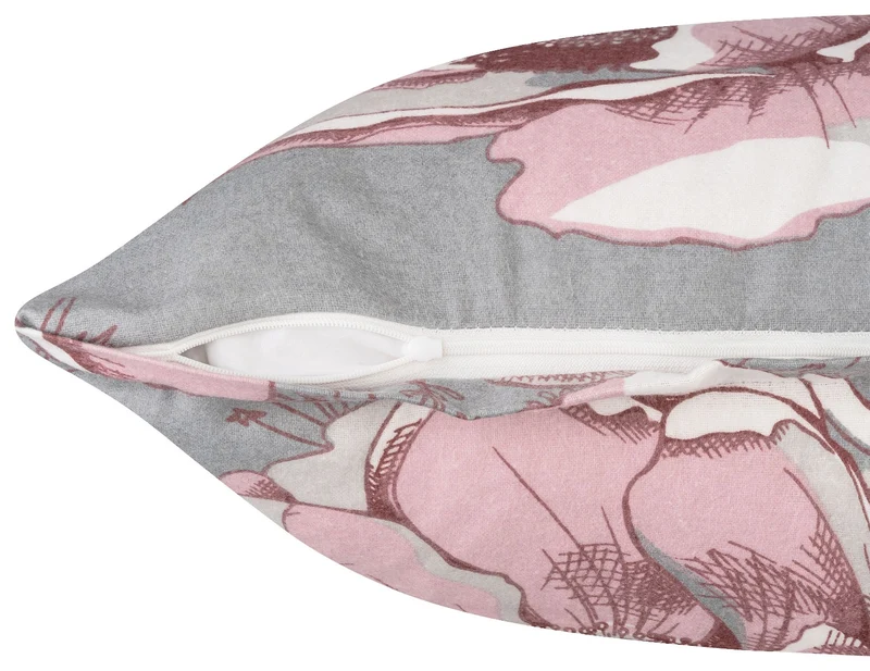 MOON Bettwäsche Set Fein Biber, Flanellbettwäsche ca. 135x200 + 80x80 cm mit Reißverschluss - Blume Rot-Grau