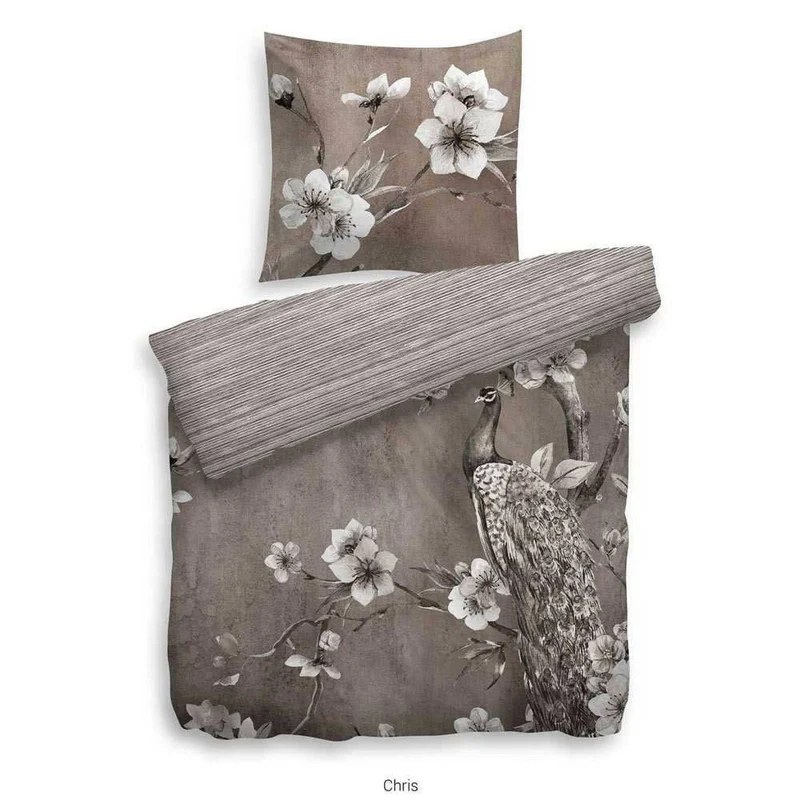 HnL Baumwolle Wende-Bettwäsche Blumen Pfau Chris 135x200 cm + 80x80 cm Taupe