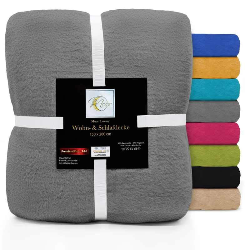 MOON Luxury Kuscheldecke, Wohndecke, UNI Decke aus Baumwolle (60%) und Microfasern (40%), ca. 150x200 cm mit geketteltem Rand