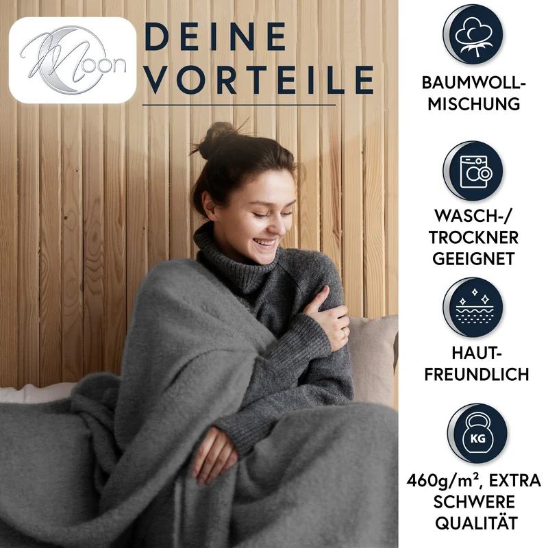 MOON Luxury Kuscheldecke, Wohndecke, UNI Decke aus Baumwolle (60%) und Microfasern (40%), ca. 150x200 cm mit geketteltem Rand
