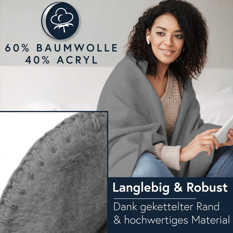MOON Luxury Kuscheldecke, Wohndecke, UNI Decke aus Baumwolle (60%) und Microfasern (40%), ca. 150x200 cm mit geketteltem Rand
