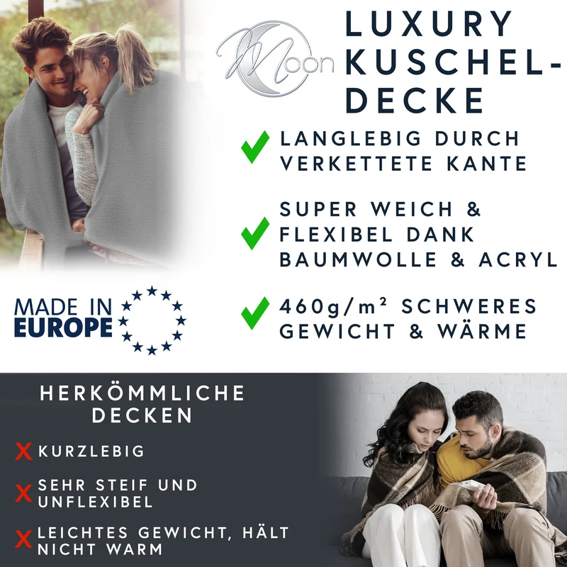MOON Luxury Kuscheldecke, Wohndecke, UNI Decke aus Baumwolle (60%) und Microfasern (40%), ca. 150x200 cm mit geketteltem Rand