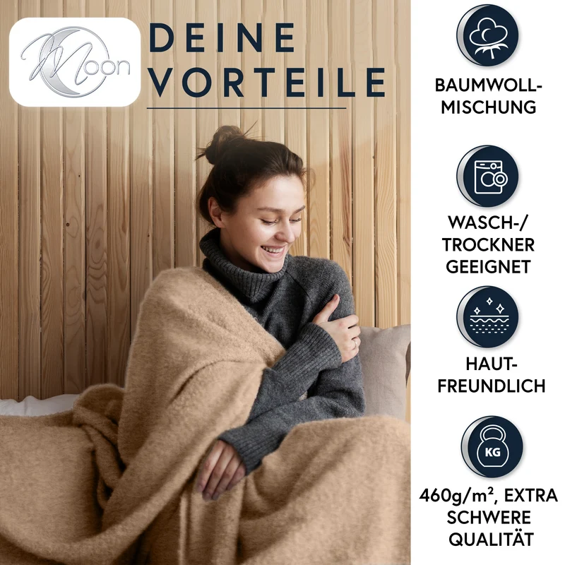 MOON Luxury Kuscheldecke, Wohndecke, UNI Decke aus Baumwolle (60%) und Microfasern (40%), ca. 150x200 cm mit geketteltem Rand