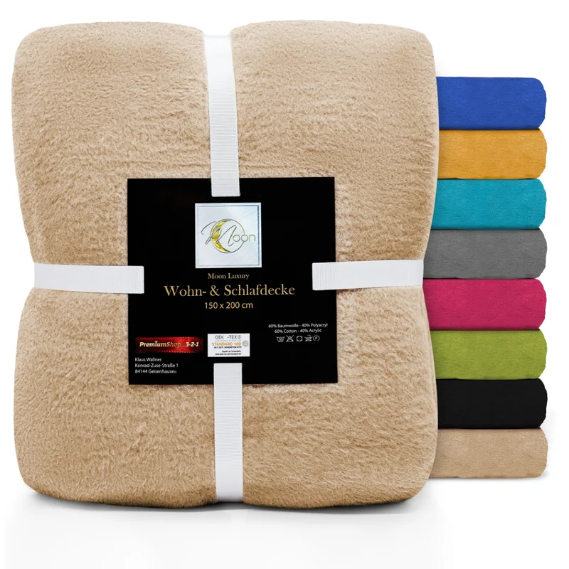 MOON Luxury Kuscheldecke, Wohndecke, UNI Decke aus Baumwolle (60%) und Microfasern (40%), ca. 150x200 cm mit geketteltem Rand