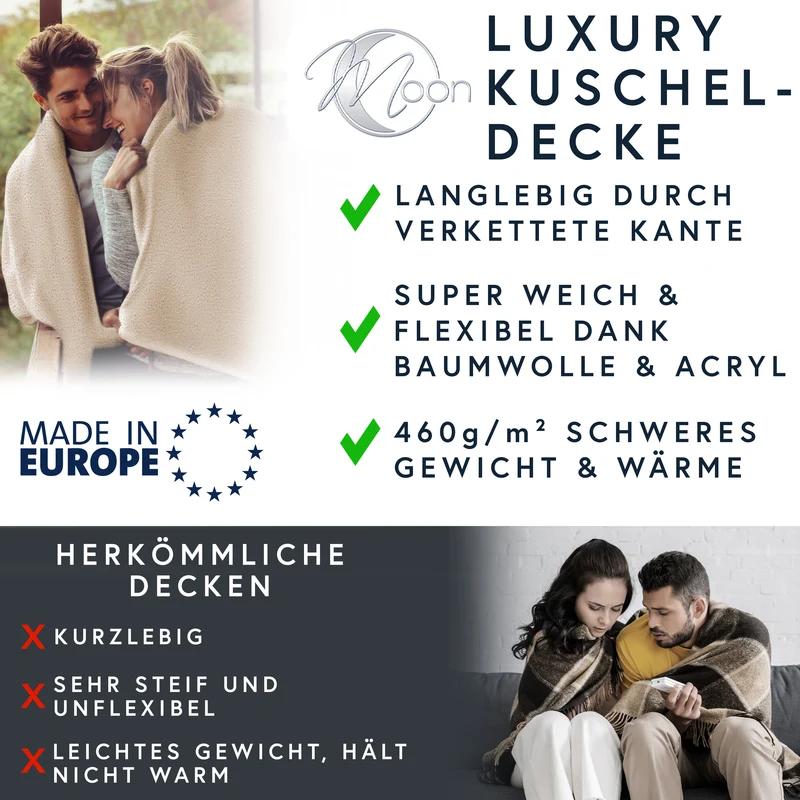 MOON Luxury Kuscheldecke, Wohndecke, UNI Decke aus Baumwolle (60%) und Microfasern (40%), ca. 150x200 cm mit geketteltem Rand
