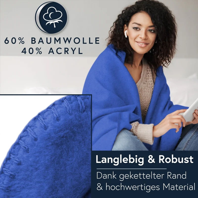 MOON Luxury Kuscheldecke, Wohndecke, UNI Decke aus Baumwolle (60%) und Microfasern (40%), ca. 150x200 cm mit geketteltem Rand
