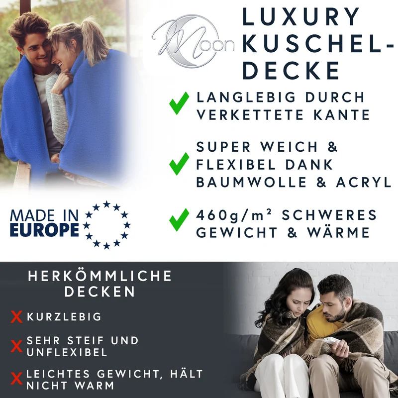 MOON Luxury Kuscheldecke, Wohndecke, UNI Decke aus Baumwolle (60%) und Microfasern (40%), ca. 150x200 cm mit geketteltem Rand