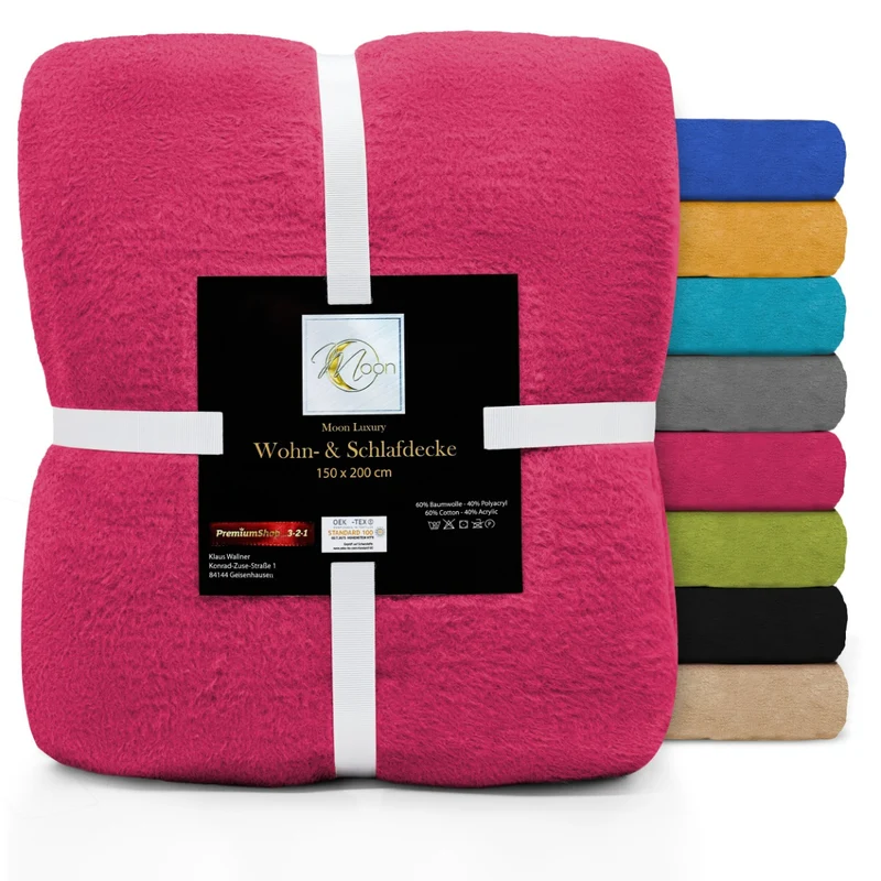 MOON Luxury Kuscheldecke, Wohndecke, UNI Decke aus Baumwolle (60%) und Microfasern (40%), ca. 150x200 cm mit geketteltem Rand