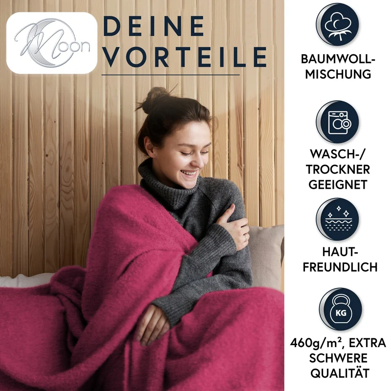 MOON Luxury Kuscheldecke, Wohndecke, UNI Decke aus Baumwolle (60%) und Microfasern (40%), ca. 150x200 cm mit geketteltem Rand