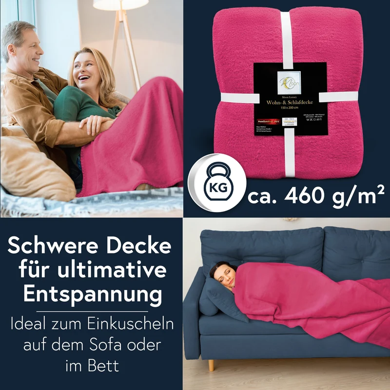MOON Luxury Kuscheldecke, Wohndecke, UNI Decke aus Baumwolle (60%) und Microfasern (40%), ca. 150x200 cm mit geketteltem Rand