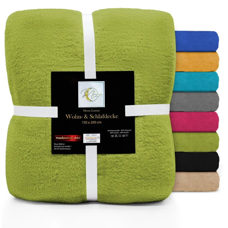 MOON Luxury Kuscheldecke, Wohndecke, UNI Decke aus Baumwolle (60%) und Microfasern (40%), ca. 150x200 cm mit geketteltem Rand
